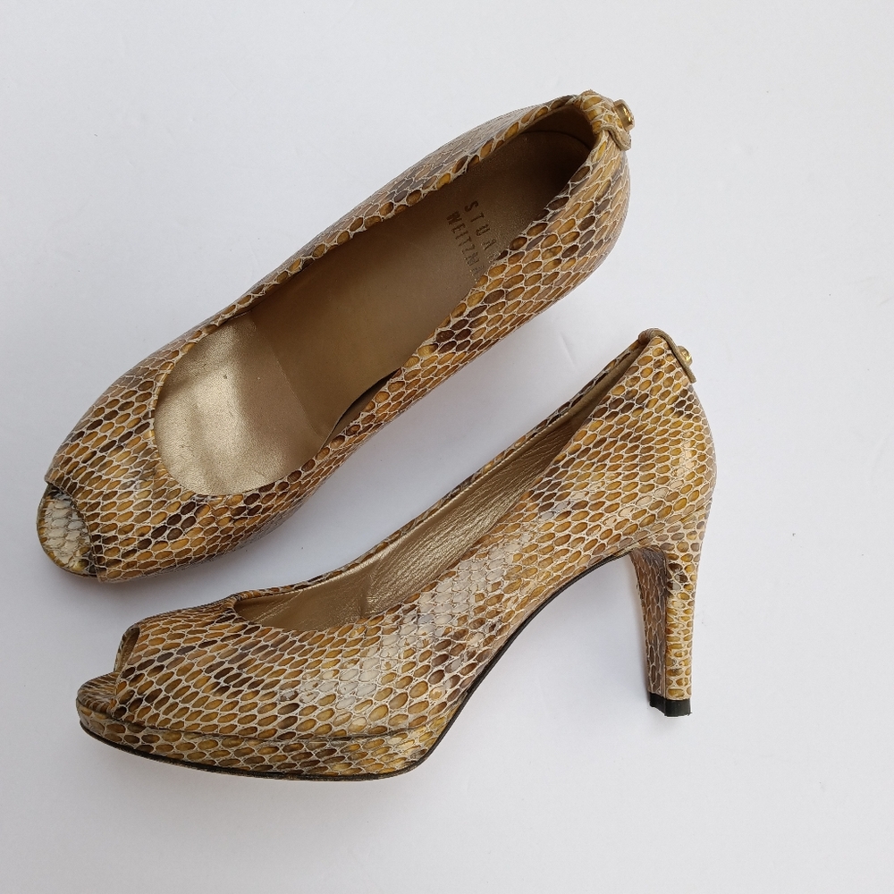 Stuart Weitzman Plainfield Snake Embossed Genuine Leather Peep Toe Heels